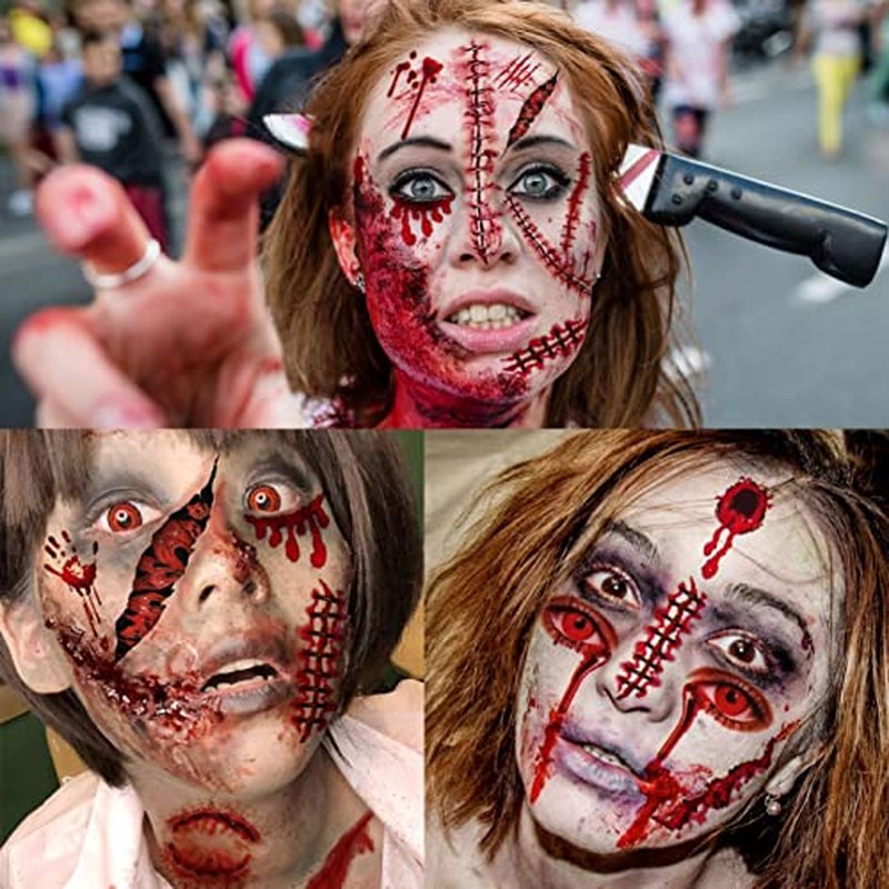 215+ PCS 30 Sheets 3D Fake Scars Tattoo Temporary Halloween Makeup Kit, Fake Stitches Tattoos Cut Scary Face Wound Blood Chucky Scars Tatoos For Kids Women Men Boys Girls Zombie Sticker