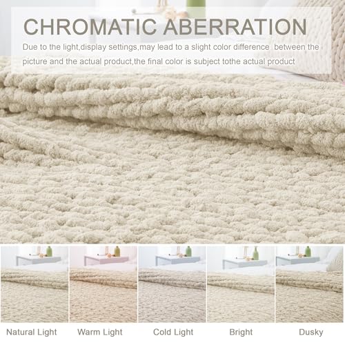 Beige Chunky Knit Throw Blanket 60x80 Inches - Handmade Chenille Bed & Couch Accessory
