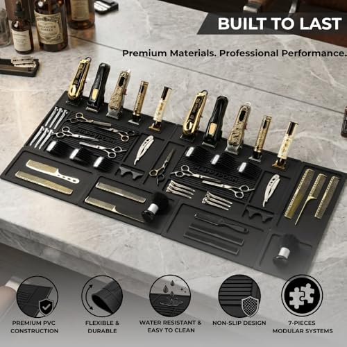 HAPPYPOSH Magnetic Barber Mats – Modular 7-Piece Tool Organizer with Strong Magnets, Extra Large, Professional Workstation Mat