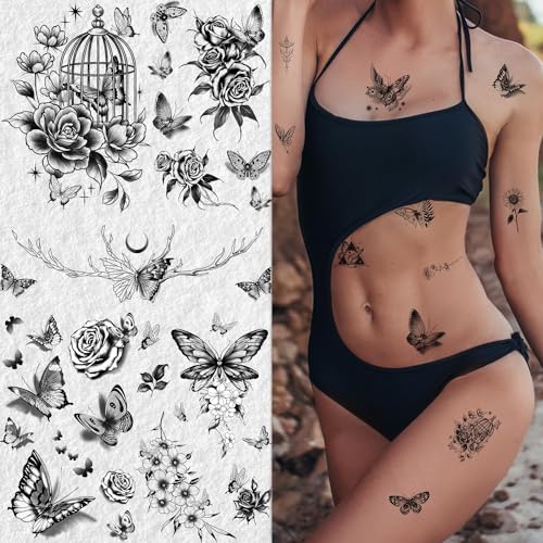 Cerlaza 20 Sheets Black Butterfly Temporary Tattoos for Adult Women, 120 Styles Small Butterflies Fake Tattoo Waterproof Long Lasting, Semi Permanent Tattoos Temporary Realistic for Girls Kids