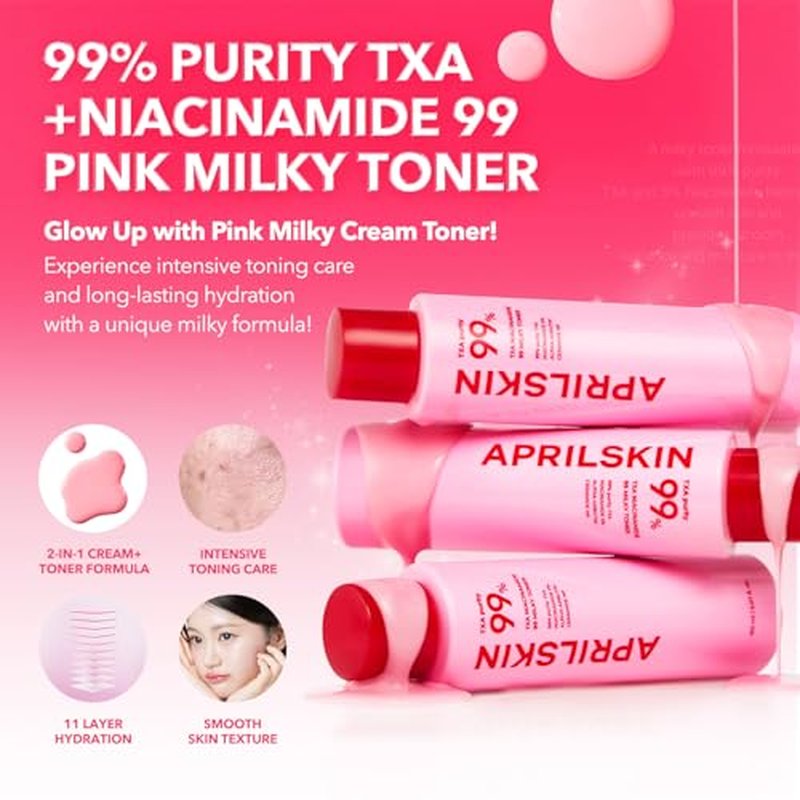 APRILSKIN TXA Affordable Daily Skincare set: TXA Niacinamide 99 Pore Care Pink Bubble Gum Deep Cleanser and TXA Niacinamide 99 Pink Milky Toner