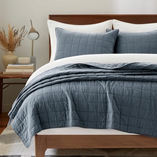 Evergracehome 100% Cotton Box Stitch Quilt Set – Queen Midnight Blue (92" x 96"), Full/Queen
