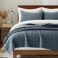 Evergracehome 100% Cotton Box Stitch Quilt Set – Queen Midnight Blue (92" x 96"), Full/Queen