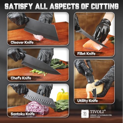 TIVOLI 5-Piece Kitchen Knife Set with Full Tang Wooden Handles - Japanese German Steel, Black Shield Coating - Variation 8.1