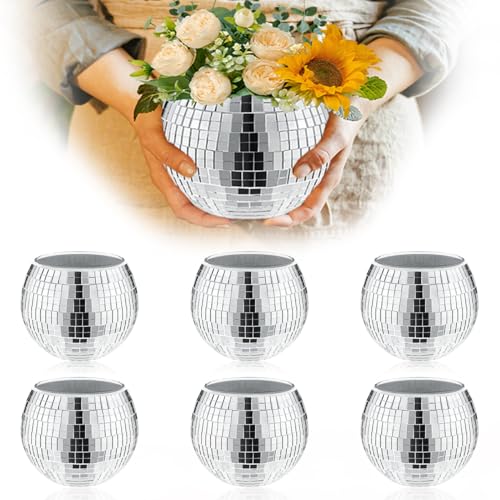 Silver Disco Vase Set - 6 Glass Planters with Reflective Mirror Ball Design 5x6in