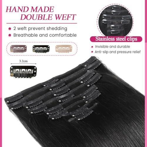 Clip in Hair Extensions 14 Inch 80g Natural Black #1B Remy Human Hair - Double Weft, Easy to Style