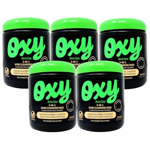 Oxy Acne Care 3-in-1 Acne Cleansing Pads, 2% Salicylic Acid Acne Treatment, 90 Pads (Pack of 5)