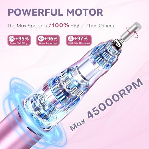 TUOBEO Cordless Nail Drill - Pink & Purple Portable Electric Nail File 45000 RPM