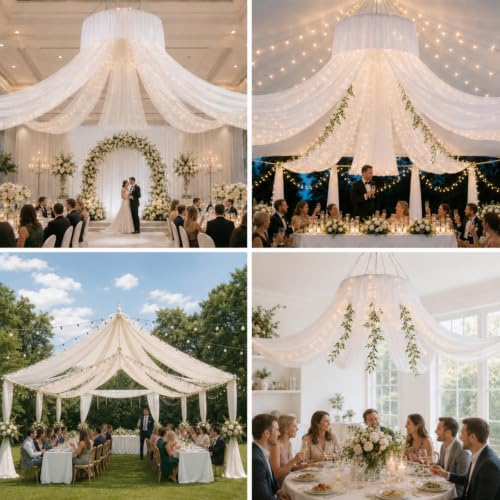 Breling 24in / 60W x 240L White Ceiling Drapes, Pack of 6 for Weddings & Events