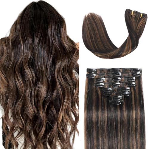 Clip in Hair Extensions Human Hair Remy Balayage 14 Inch Natural Black to Chestnut Brown - 80g