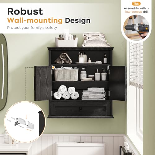 Viroformo Black Farmhouse Wall Cabinet with Barn Doors & Adjustable Shelves