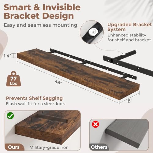 Marsmiles Rustic Brown 48 Inch Floating Wall Shelves 2-Pack, 8"D Wood Grain Bathroom & Home Storage