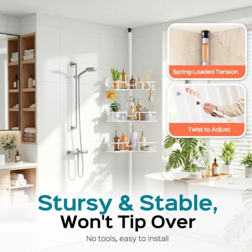 HAMITOR Corner Shower Organizer 4-Tier Tension Pole Caddy, White - Wire Baskets
