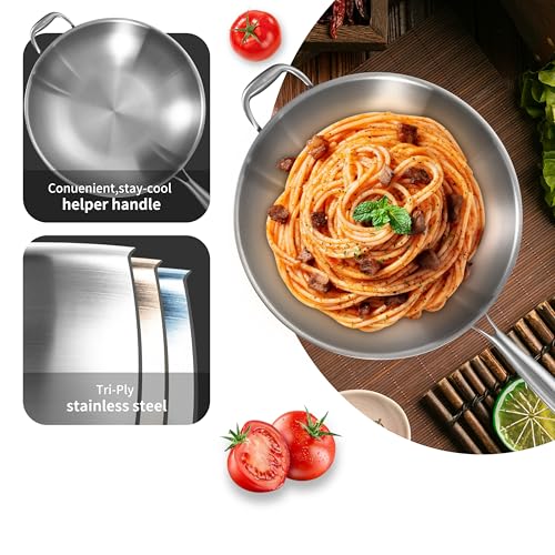 14.5 Inch Stainless Steel Stir-Fry Wok Pan with Steel Lid - Energy Saving, Durable