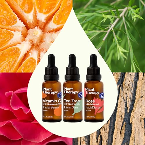 Plant Therapy Facial Serum Trio Set 1 oz each, Vitamin C & Hyaluronic Acid, Rose with Bakuchiol & Tea Tree with Niacinamide, Reduces the Appearance of Fine Lines & Wrinkles