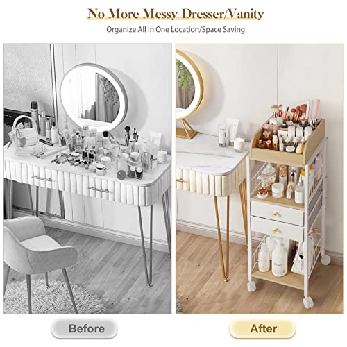 White Makeup Organizer with Drawers and Casters - Floor Vanity Storage for Cosmetics & Skincare