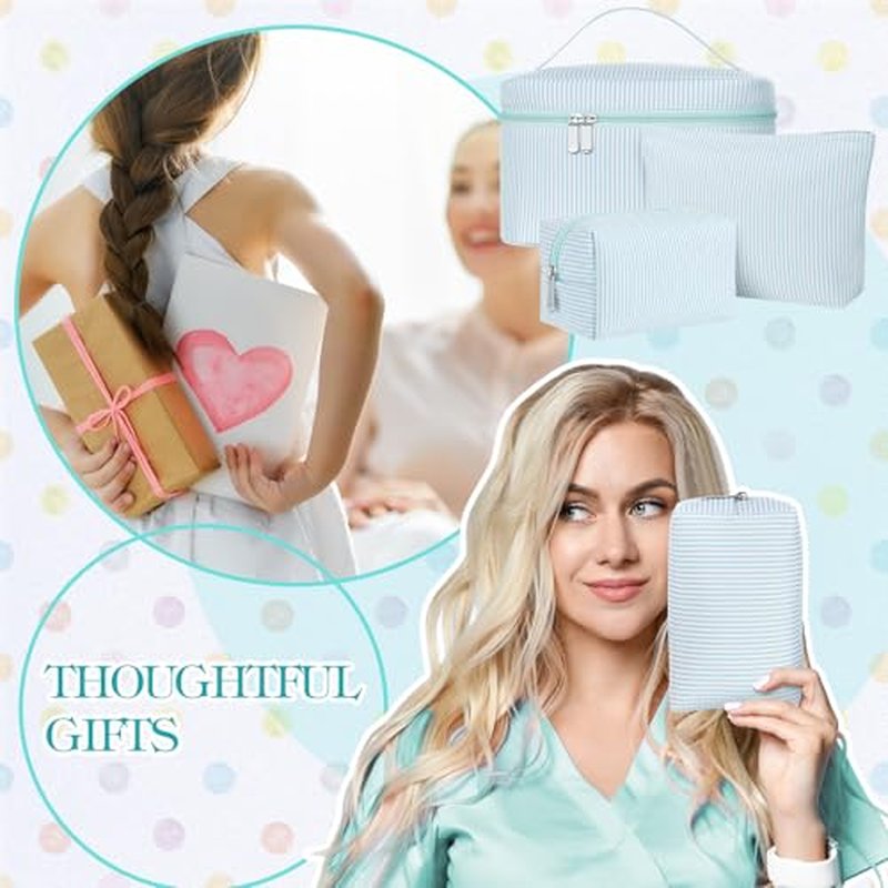 3 Pieces Makeup Bag Set for Women Cute Seersucker Cosmetic Pouch Travel Toiletry Bag Preppy Small Makeup Purse Pouch Aesthetic Skincare Brushes Storage Organizer for Women(Light Blue)