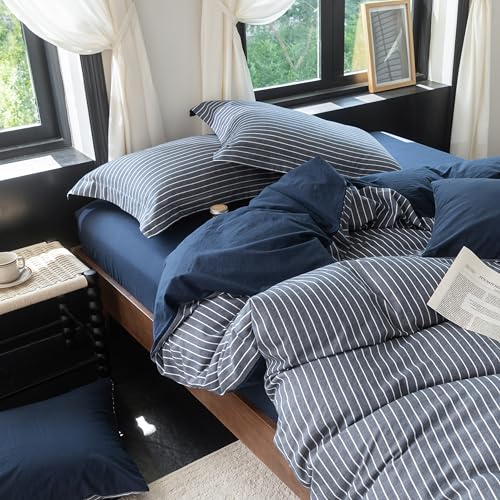 Warm Moment Reversible Navy Blue & White Striped Queen Duvet Cover Set 90x90