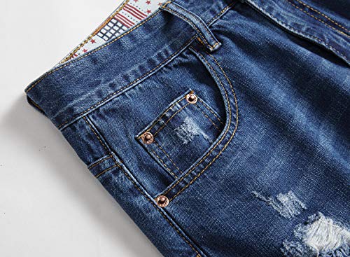 Men's Ripped Slim Fit Denim Shorts - Distressed Hole Design, Indigo Blue 36