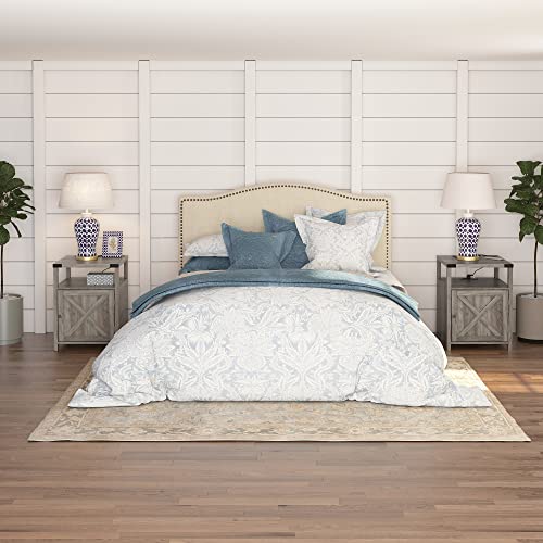 Rustic Grey Farmhouse Nightstand with Charging Station, Storage End Table