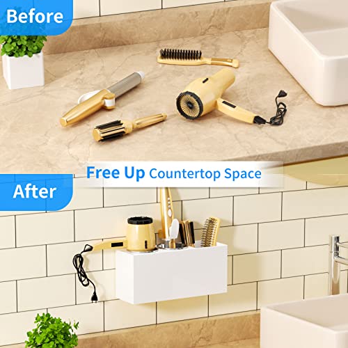 Wall Mount Hair Tool Organizer with Hair Dryer Holder - White