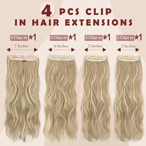 Clip-In Hair Extensions 24 Inch Blonde Highlights - 4 Pcs Thick Wavy Synthetic Blend, Dirty Blonde Variation