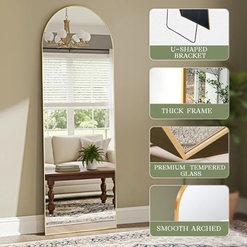 Full Length Arched Floor Mirror with Stand - 64x21 Inches, Gold Frame