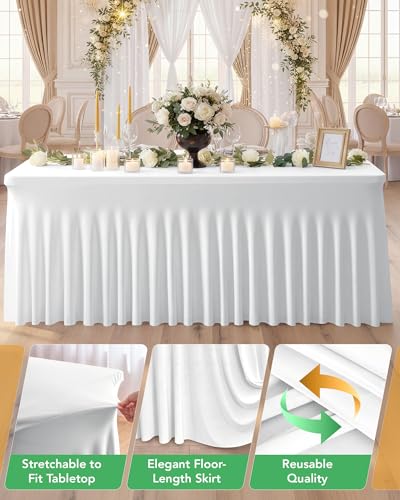 KeyWave 6ft White Spandex Table Cover Skirt - 6 Pack Rectangle, Floor-Length Ruffle