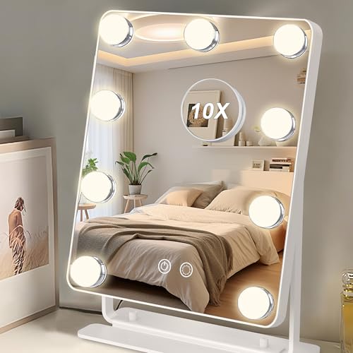 Hollywood Vanity Mirror with Lights 9" x 11", Lighted Makeup Mirror with 10X Magnification & 9 LED Bulbs Dimmable, 3 Colors Modes, Touch Control, Plug in Vanity Mirror with Lights, White