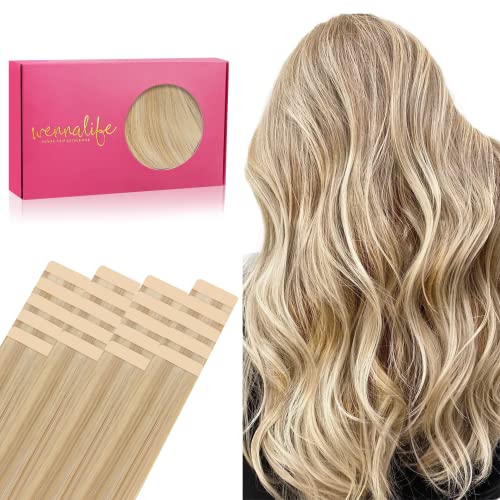 Light Blonde Highlighted Golden Blonde Remy Tape-in Hair Extensions 20pcs 14 Inch