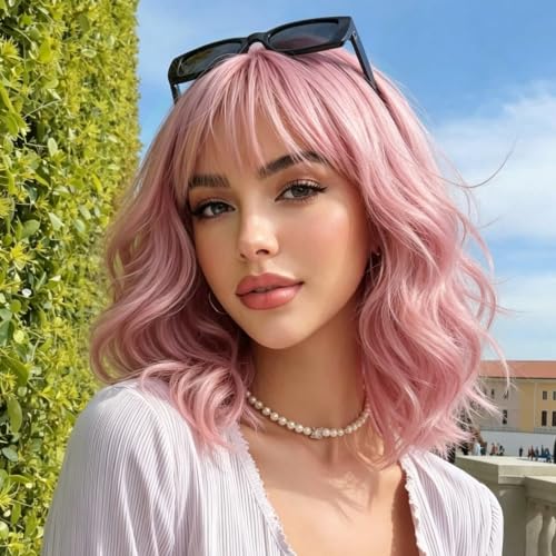 Pink Wavy Wigs with Bangs Short Bob Synthetic Hair for Women & Girls - 14 Inch, Curly, Colorful