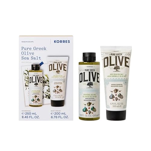 KORRES Olive Sea Salt Body Care Value Set for Men and Women, Aromatic Fragrance of Sea Salt Combined with Olive Scent, Shower Gel 250 ml and Body Milk 200 ml, Silicone and Paraben Free, Vegan