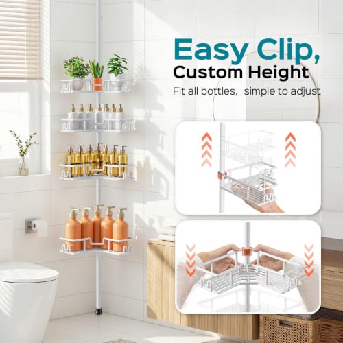 HAMITOR Corner Shower Organizer 4-Tier Tension Pole Caddy, White - Wire Baskets
