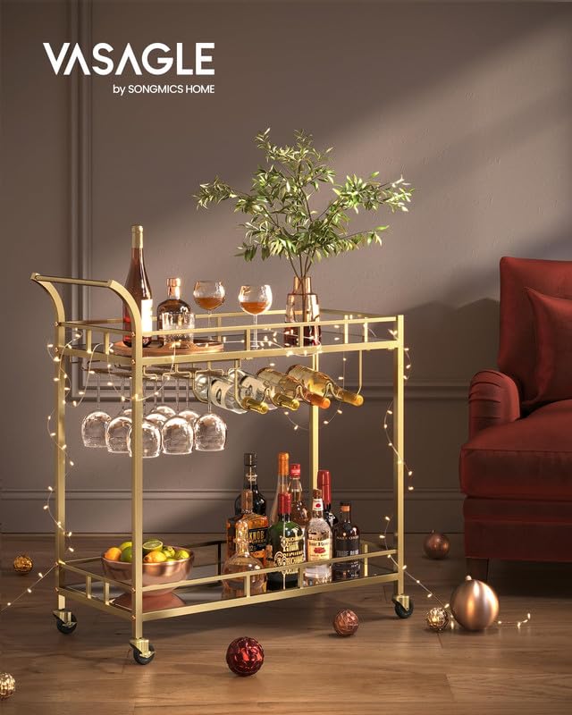 VASAGLE Gold Bar Cart with Mirrored Shelves, Wine & Glass Holders, 33.9"W