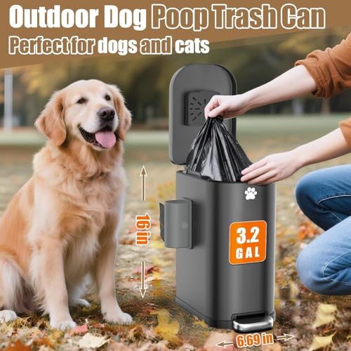 Outdoor Dog Poop Trash Can with Odor Control Lid & Step Pedal - Matte Black, 3.2Gal Stainless Steel