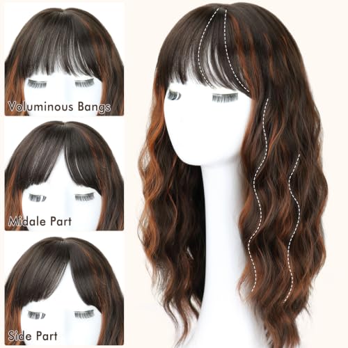 Brown Highlight Wavy Wig for Women 20 Inch Natural Curly Long Hair with Bangs - NOVFLKW