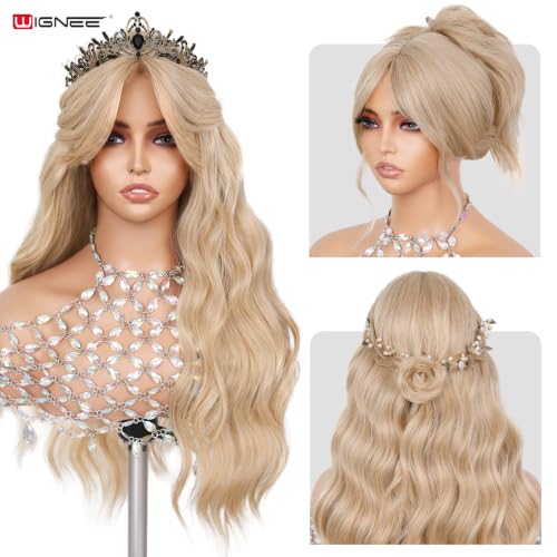 Lightweight Blonde Lace Part Wavy Wig with Curtain Bangs - 26 Inch, Natural Look