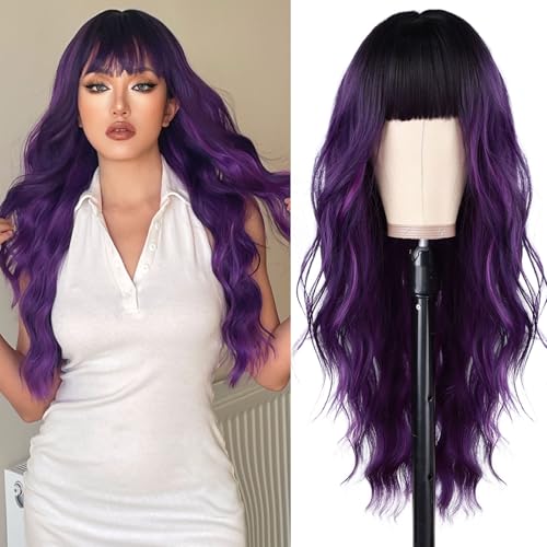 Ombre Purple Long Wavy Wig with Bangs for Women, 26 Inches, Heat-Resistant Synthetic Hair, Daily & Party Use