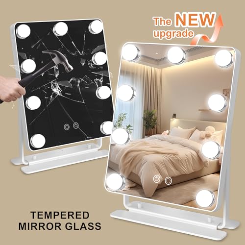 Hollywood Vanity Mirror with Lights 9" x 11", Lighted Makeup Mirror with 10X Magnification & 9 LED Bulbs Dimmable, 3 Colors Modes, Touch Control, Plug in Vanity Mirror with Lights, White
