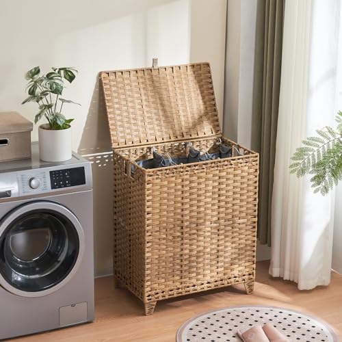 Laundry Hamper with Lid 190L Large 3-Section Rattan Laundry Basket - Natural