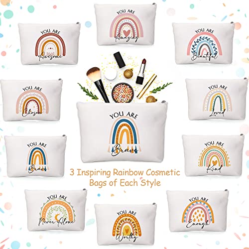 Coume 30 Pcs Inspirational Canvas Makeup Bags Bulk Employee Appreciation Gift for Women Motivational Cosmetic Bags with Zipper Boho Makeup Pouch Christmas Gift for Travel Coworker Teacher(Rainbow)