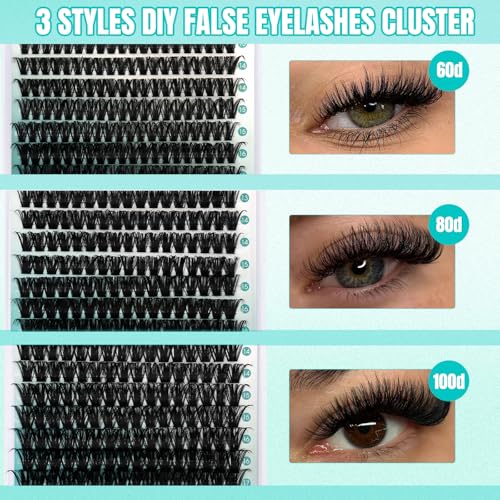 GEMERRY Lashes Clusters Kit Thick Lash Clusters 3 Styles 840Pcs Fluffy Lash Clusters Kit with Waterproof Bond and Seal Remover Tweezers for Beginners(60D+80D+100D)