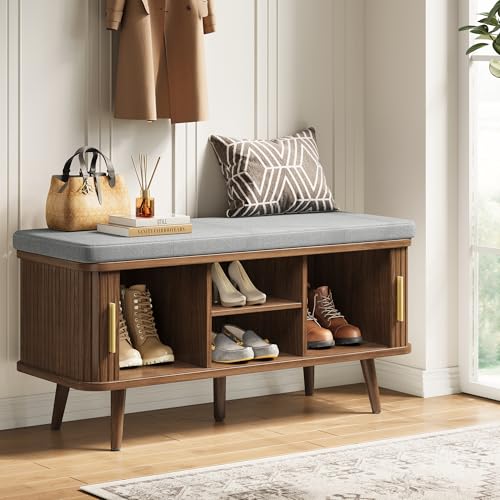 Decofy 39 Inch Shoe Storage Bench with Cushion & Sliding Doors - Walnut