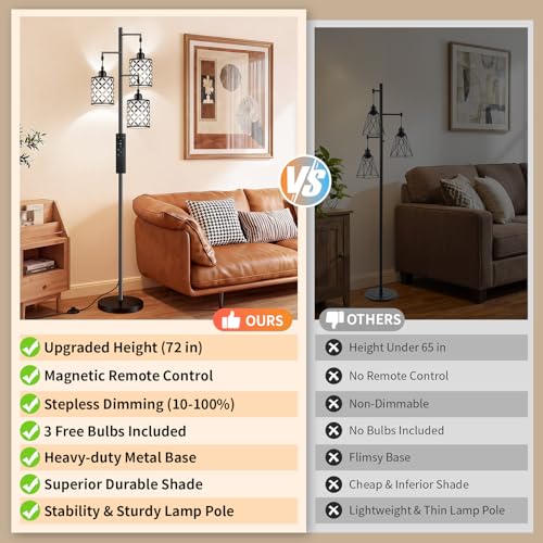Black 72-Inch Dimmable Floor Lamp with Remote & Timer, 3 Heads, Adjustable Heights