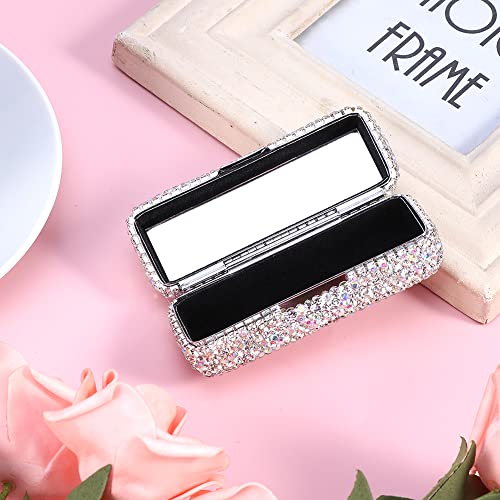 Rhinestone Lipstick Case with Mirror Bling Crystal Lipstick Case Diamonds Makeup Cosmetic Storage Box Holder for Purse(COLOR:White)