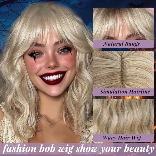 Blonde Short Bob Wig with Bangs - 14 Inch Curly Wavy Synthetic Cosplay Wig for Women