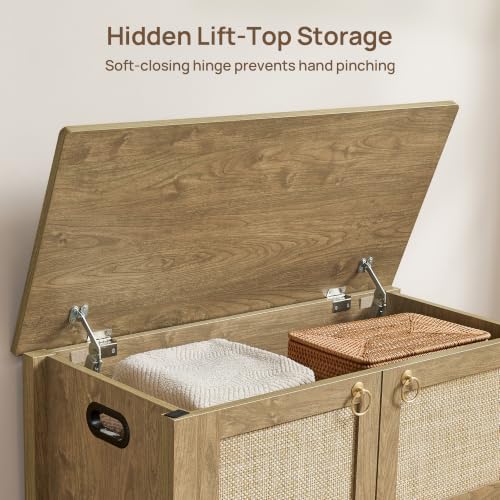 SICOTAS Rattan Storage Bench Boho Lidded Chest with Safety Hinges - Carbon Cherry, 1 Piece