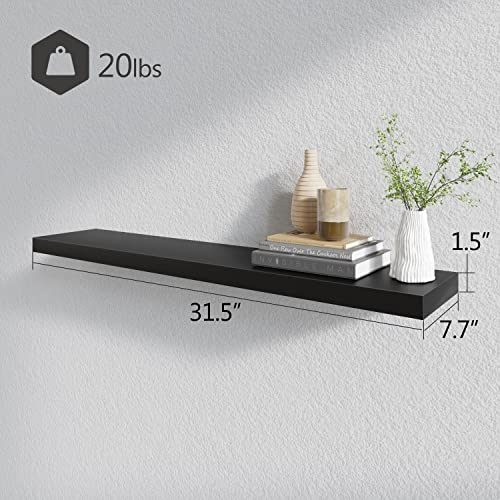 Floating Wall Shelves Set of 2 - 31.5 x 7.7 inch Black MDF Shelves with Invisible Brackets