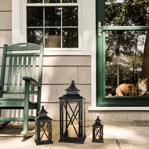 Black 3-Piece Vintage Lantern Set - 20'', 13'', 9'' Indoor & Outdoor Candle Holders