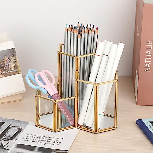 Hipiwe Glass Makeup Brush Holder 3 Slot Hexagon Large Gold Desktop Organizer
